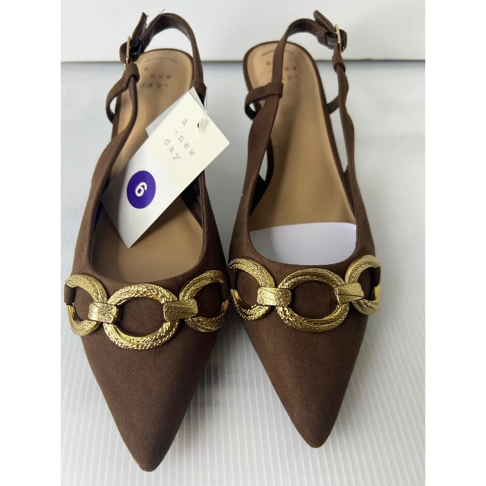 A New Day Brown Slingback Kitten Heels Gold Chain Link Pointed Toe Pumps Size 66